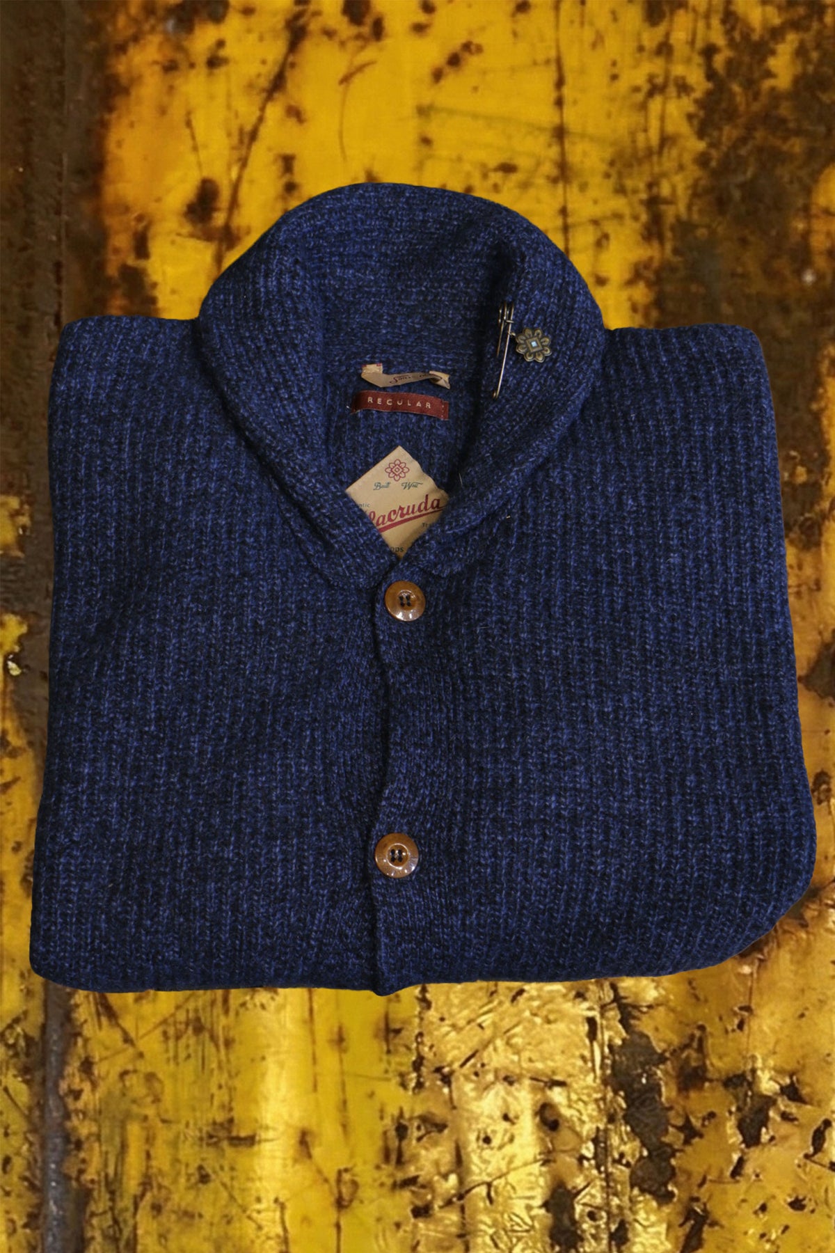 Tela cruda cardigan blu e verde